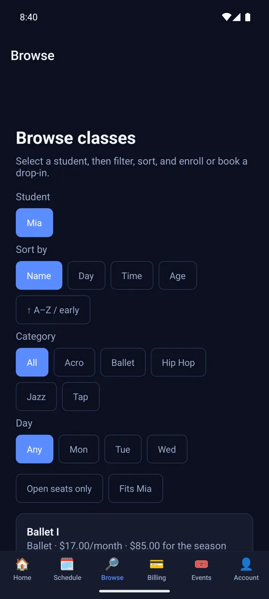 The ClassOvation browse screen filtering classes by student, category and day of week, showing Ballet I priced monthly or by the season.