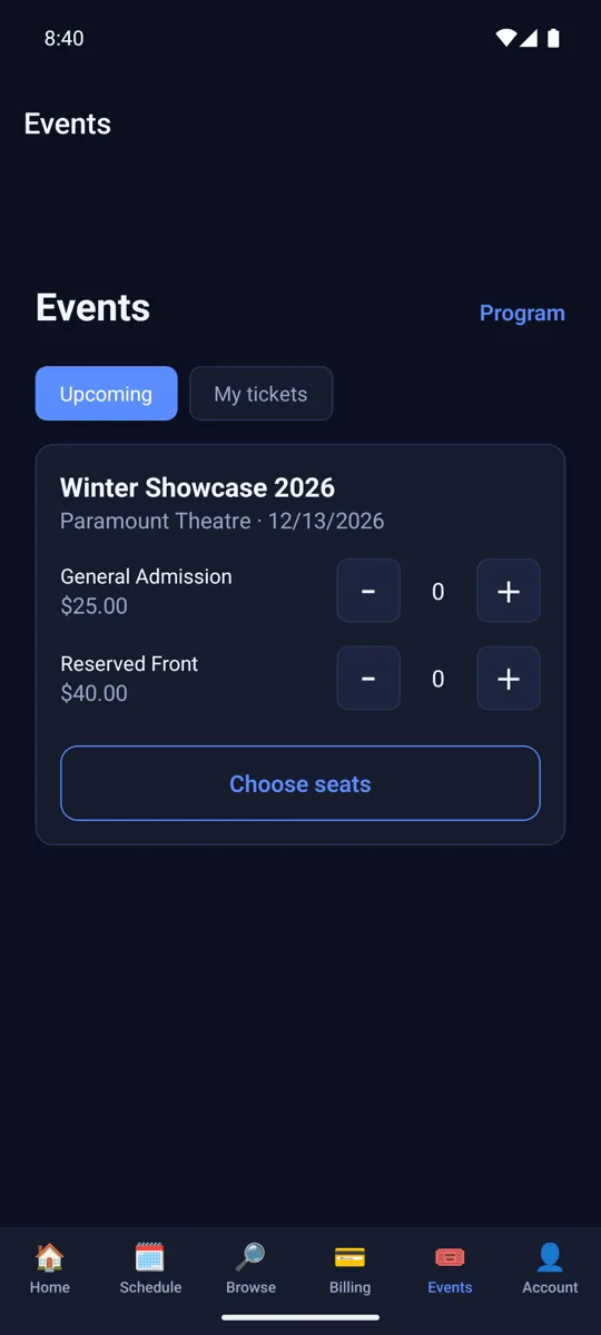 The ClassOvation events screen showing a winter showcase with general admission and reserved seating tiers and a button to choose seats.