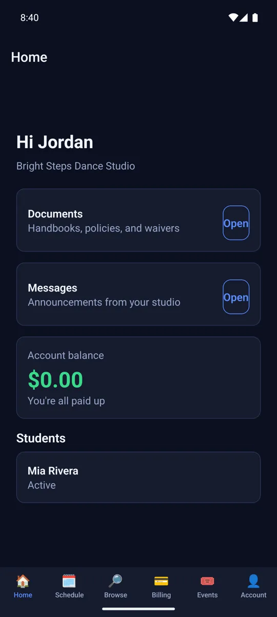 The ClassOvation family app home screen with an account balance marked all paid up, quick access to documents and messages, and an active student listed.
